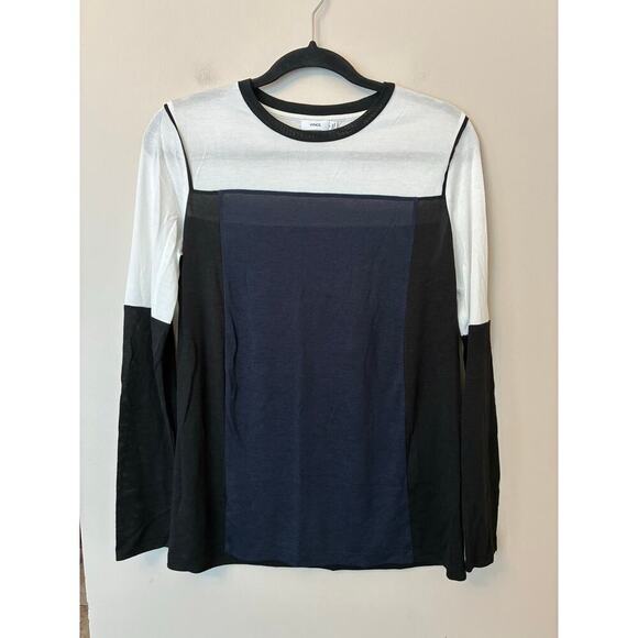 Vince Top Blouse Semi Sheer Knit Color Block Black Navy White Long Sleeve Small - Picture 1 of 5